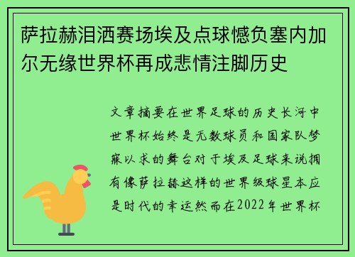萨拉赫泪洒赛场埃及点球憾负塞内加尔无缘世界杯再成悲情注脚历史